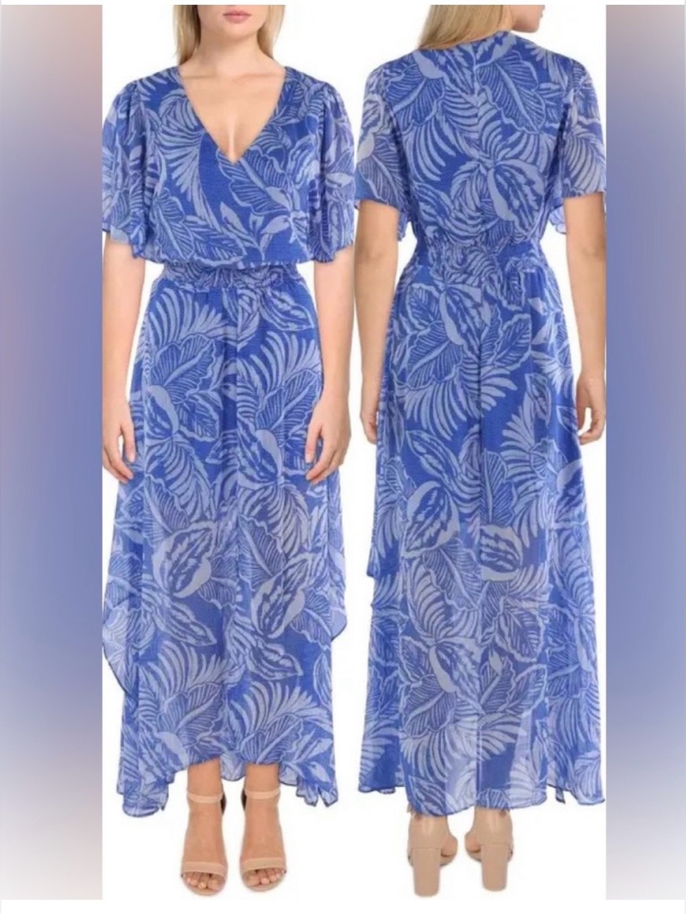 Cece Blue and White Tropical Print V-Neck Maxi Dress